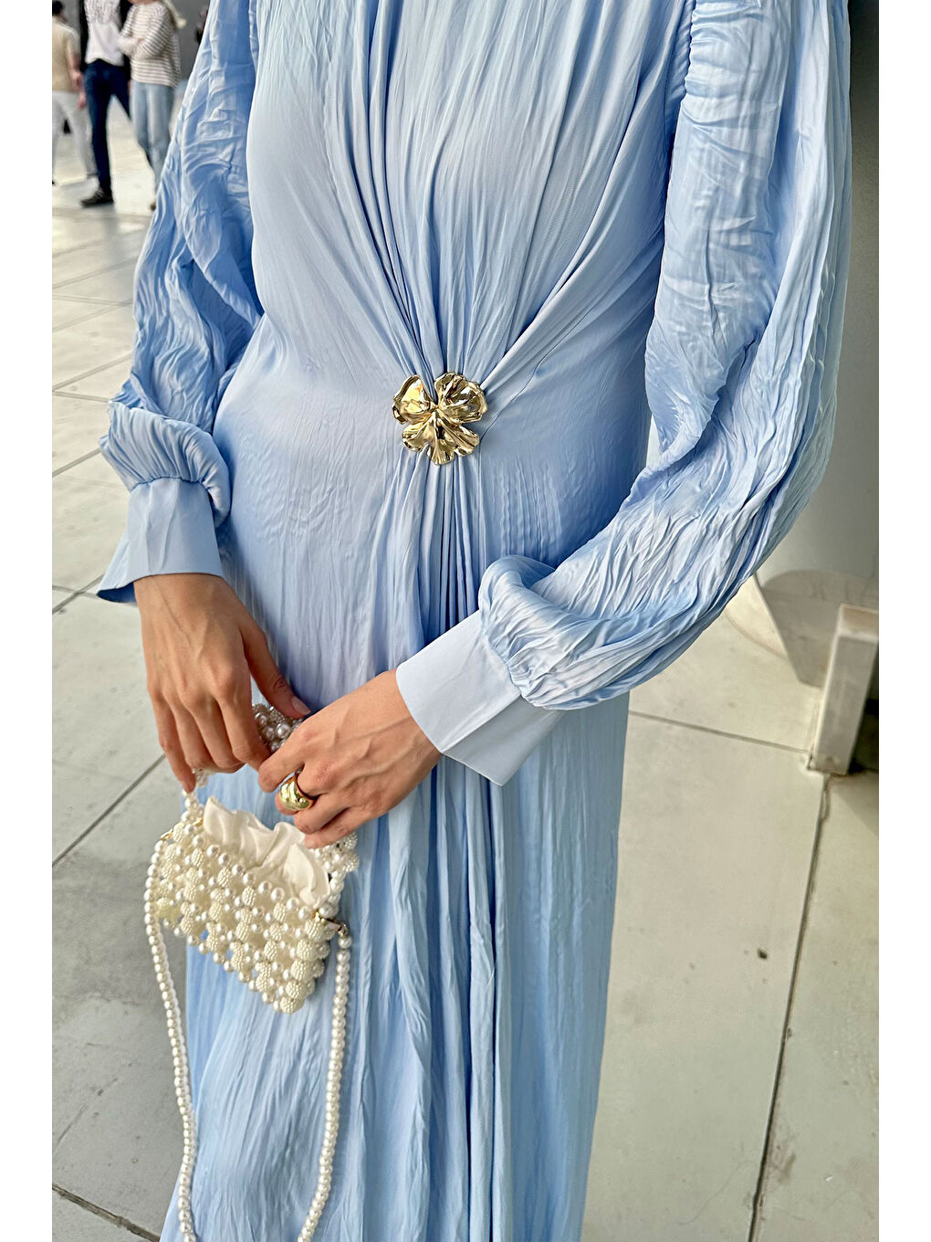 Kadın Ön Bronş Kırışık Elbise Mavi-4