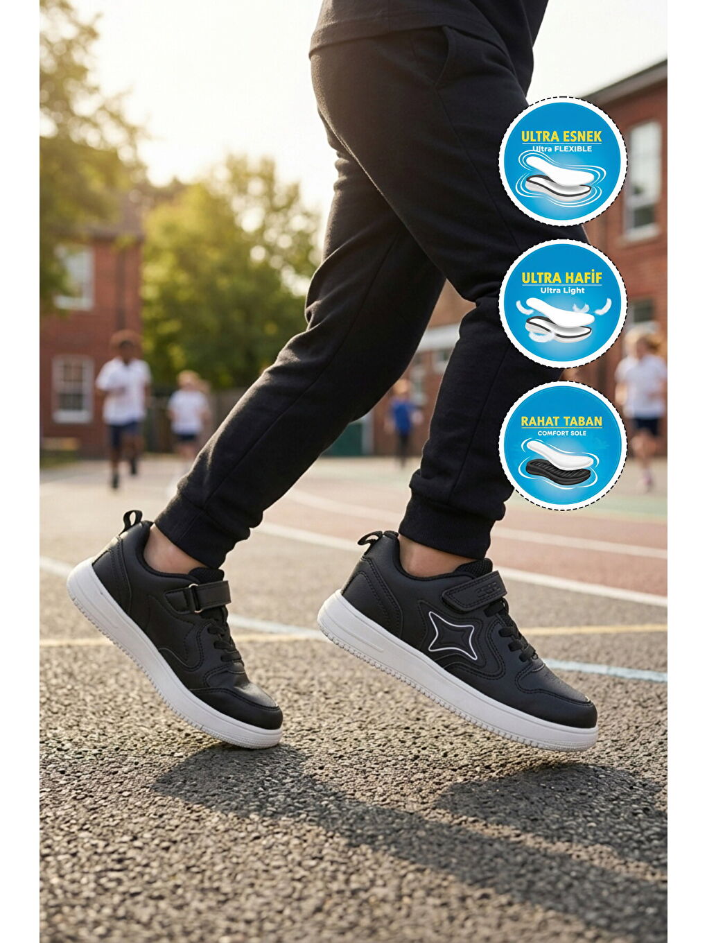 Siyah Cırtlı Hafif Unisex Çocuk Spor Ayakkabı Eldon F-2