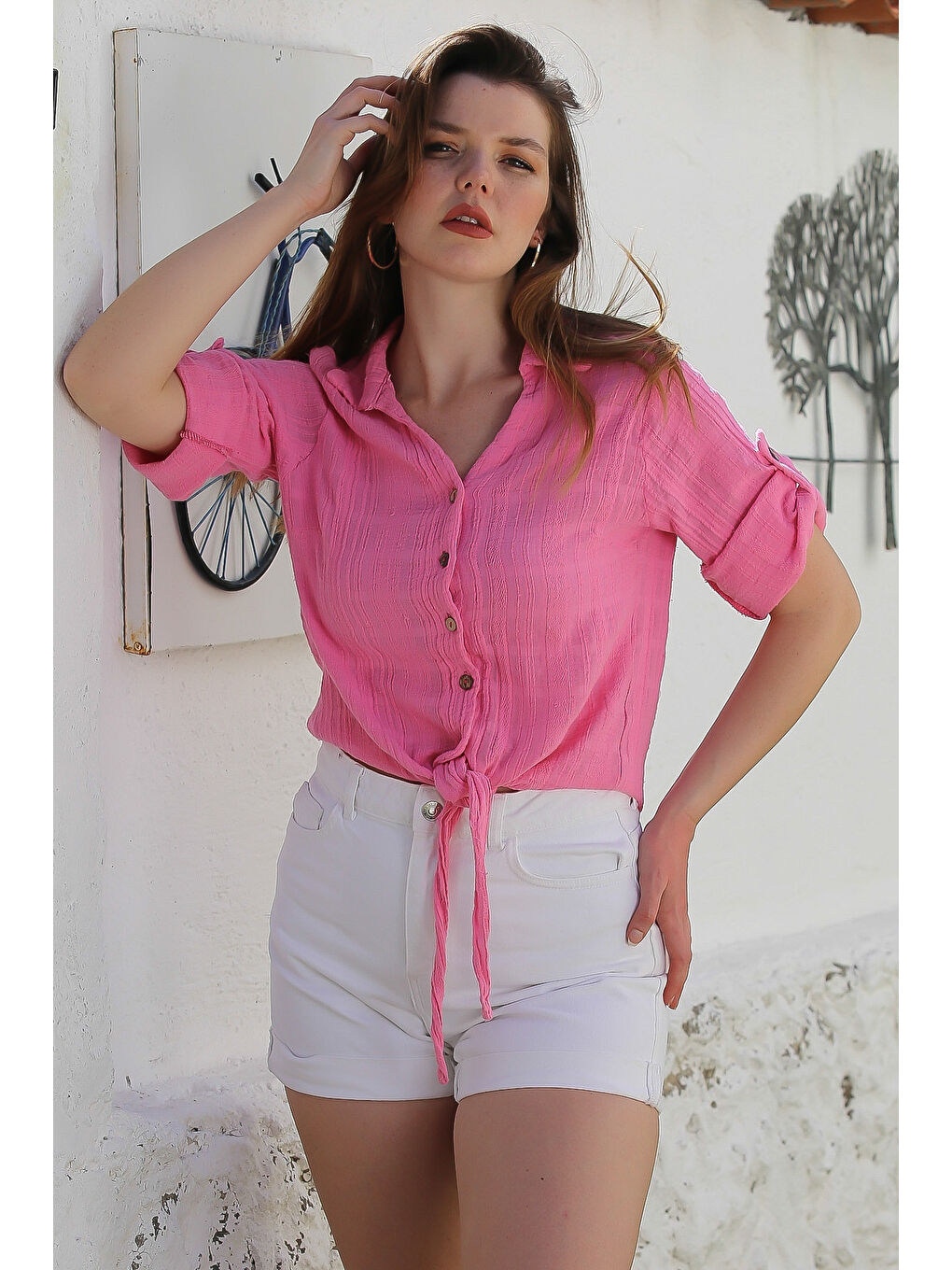 Pembe Gömlek Yaka Düğmeli Uzun Kollu Bağlamalı Yıkamalı Casual Dokuma Gömlek 58 51-1