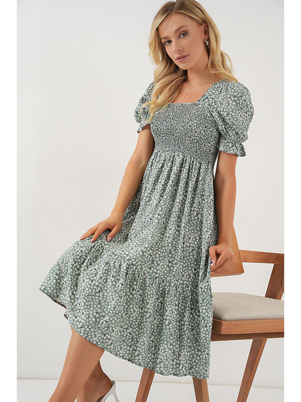 Yeşil Kadın Kısa Kol Çiçekli Elbise 2556 - Mint-1