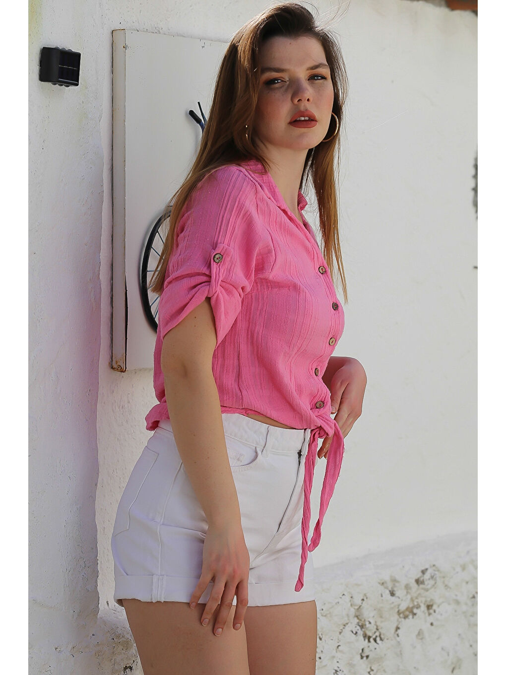 Pembe Gömlek Yaka Düğmeli Uzun Kollu Bağlamalı Yıkamalı Casual Dokuma Gömlek 58 51-2