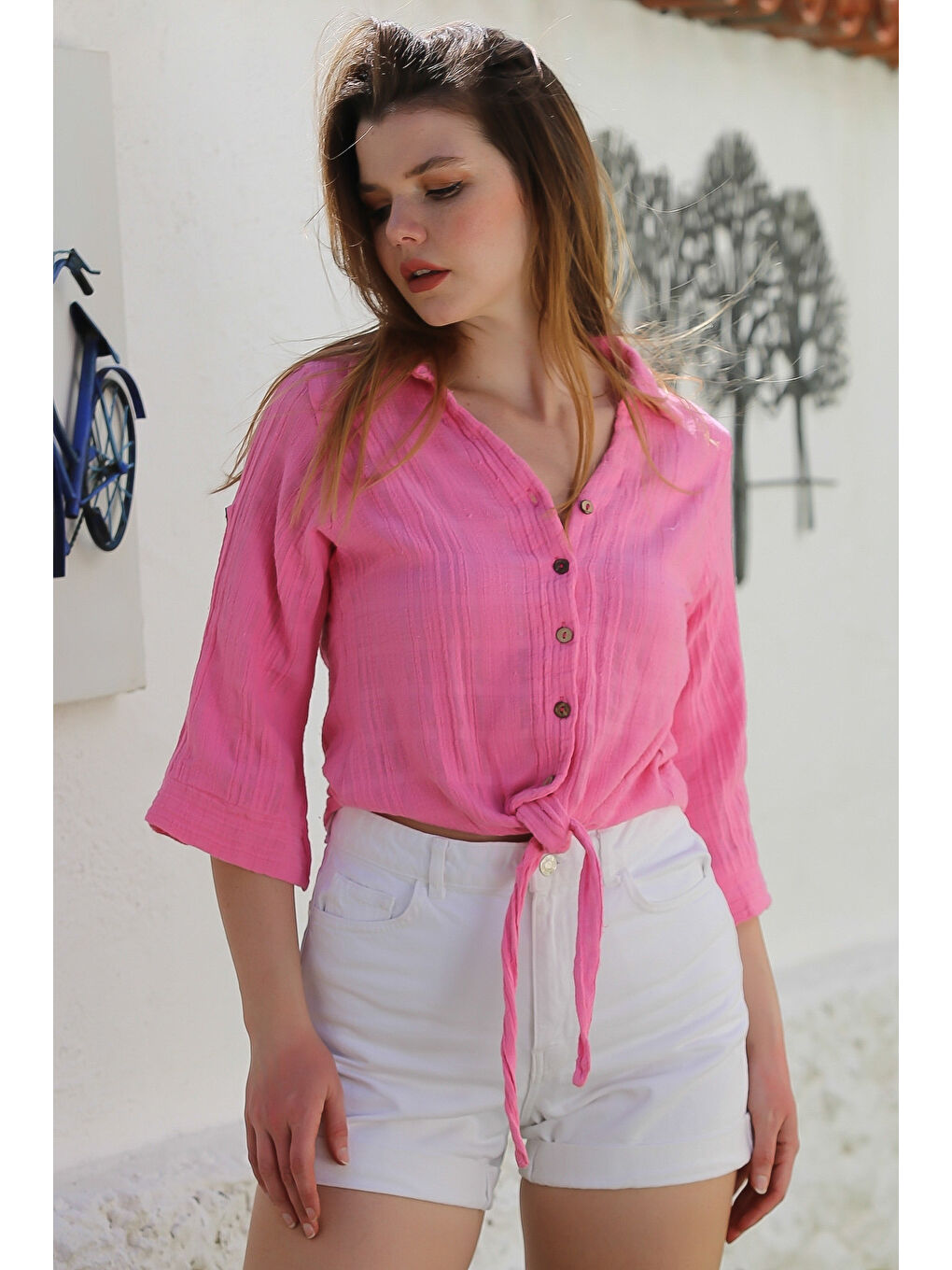 Pembe Gömlek Yaka Düğmeli Uzun Kollu Bağlamalı Yıkamalı Casual Dokuma Gömlek 58 51-3