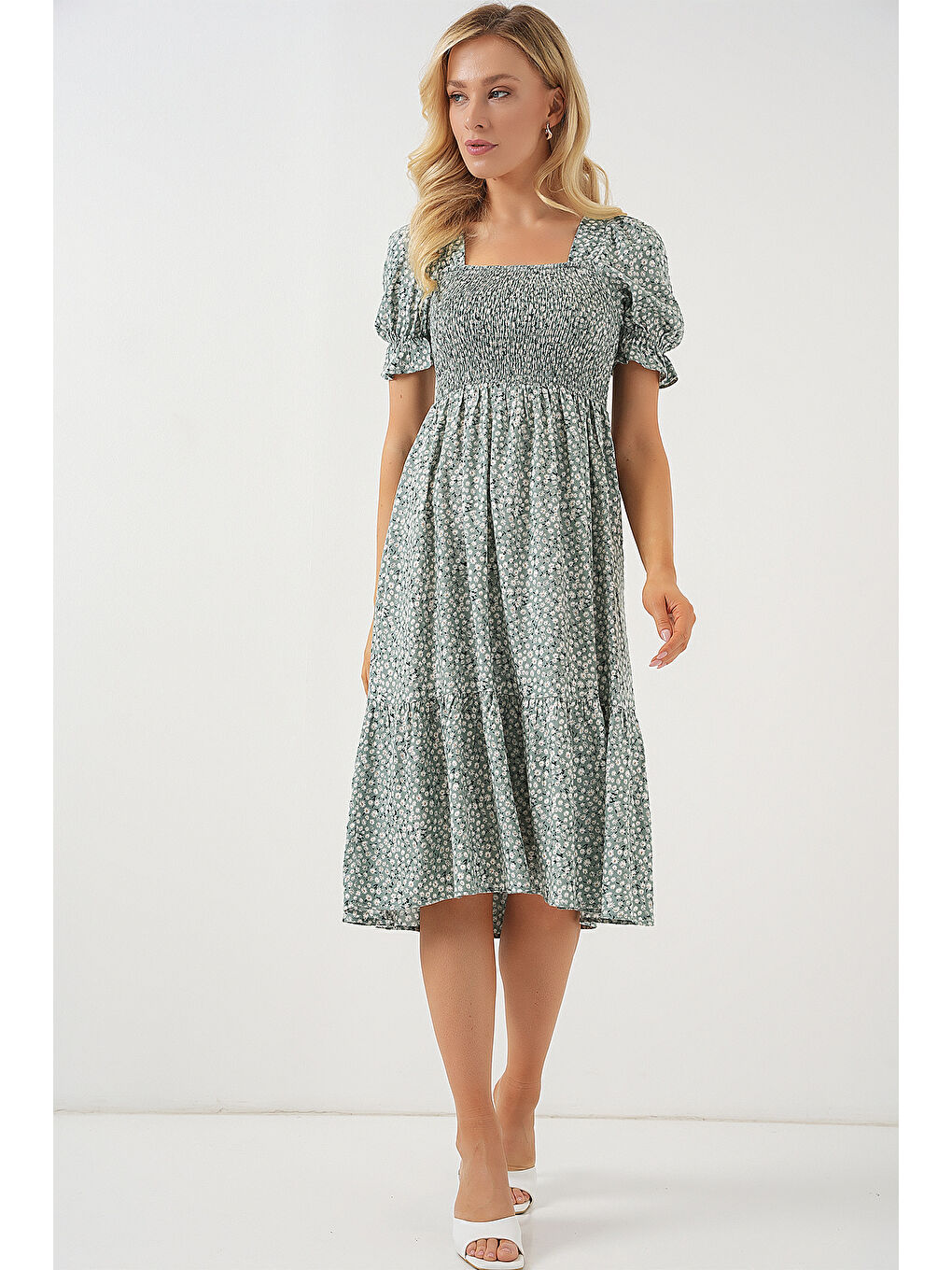 Yeşil Kadın Kısa Kol Çiçekli Elbise 2556 - Mint-2