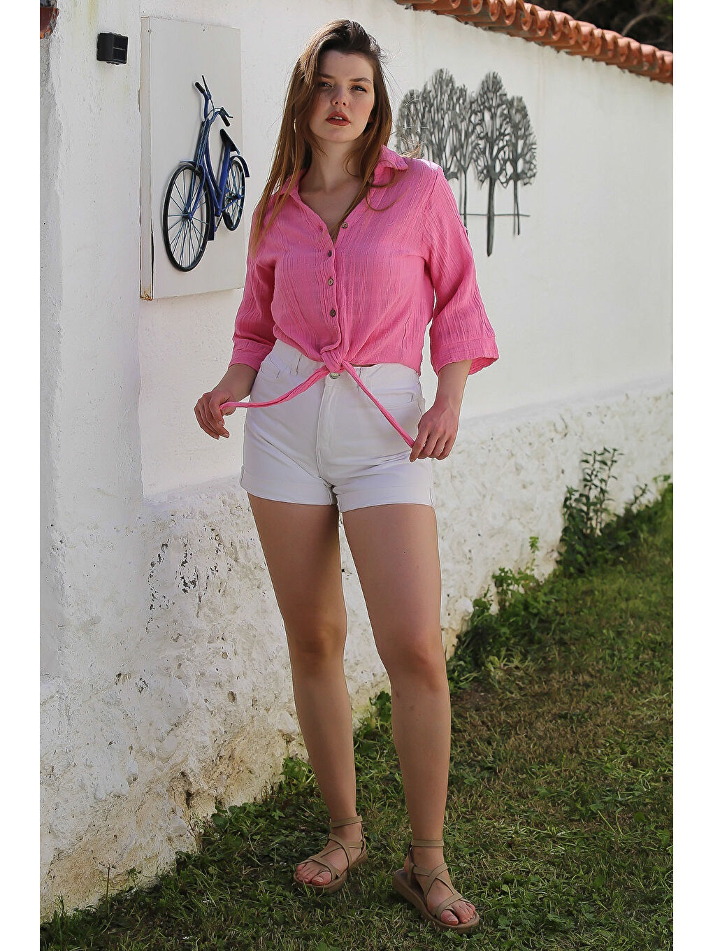 Pembe Gömlek Yaka Düğmeli Uzun Kollu Bağlamalı Yıkamalı Casual Dokuma Gömlek 58 51-5