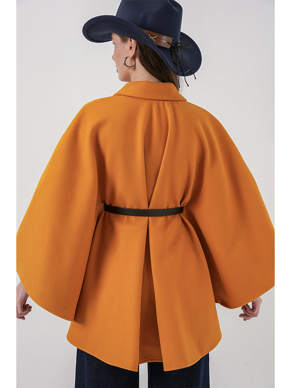 Sarı Kadın Kemerli Kaşe Panço 9170 - Hardal-5