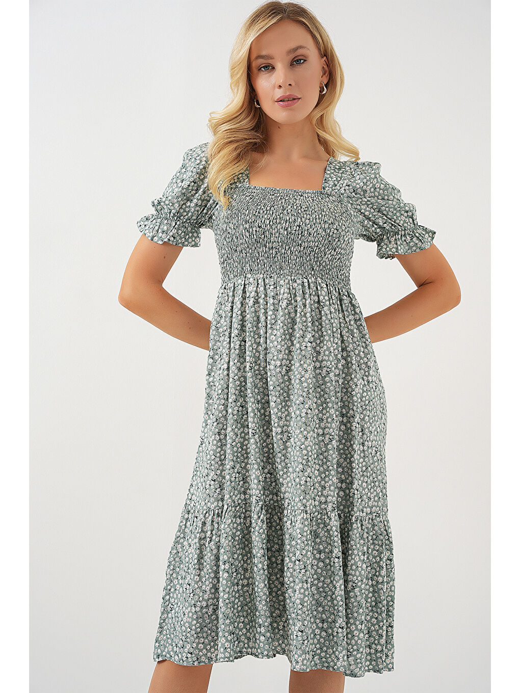 Yeşil Kadın Kısa Kol Çiçekli Elbise 2556 - Mint-3