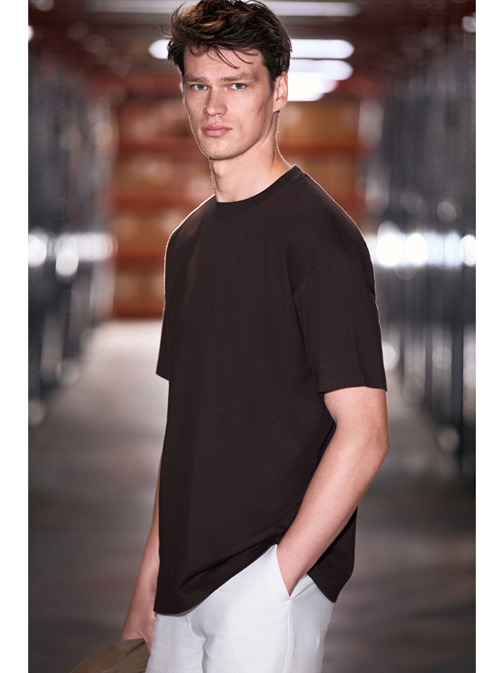 Kahverengi Jett Erkek Oversize Fit %100 Organik Pamuk Kalın Dokulu Bisiklet Yakalı Çikolata Kahve T-shirt-1