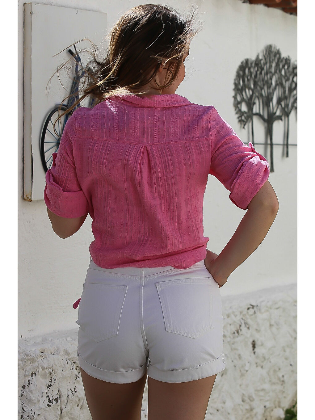 Pembe Gömlek Yaka Düğmeli Uzun Kollu Bağlamalı Yıkamalı Casual Dokuma Gömlek 58 51-7