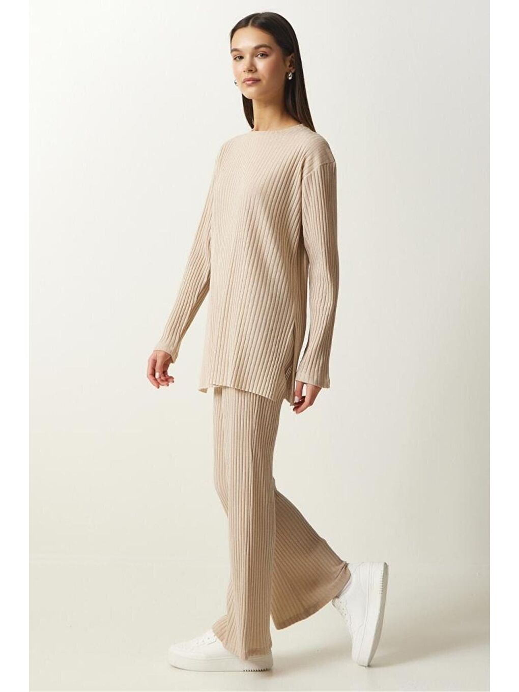 Kadın Bej Fitilli Örme Bluz Pantolon Takım