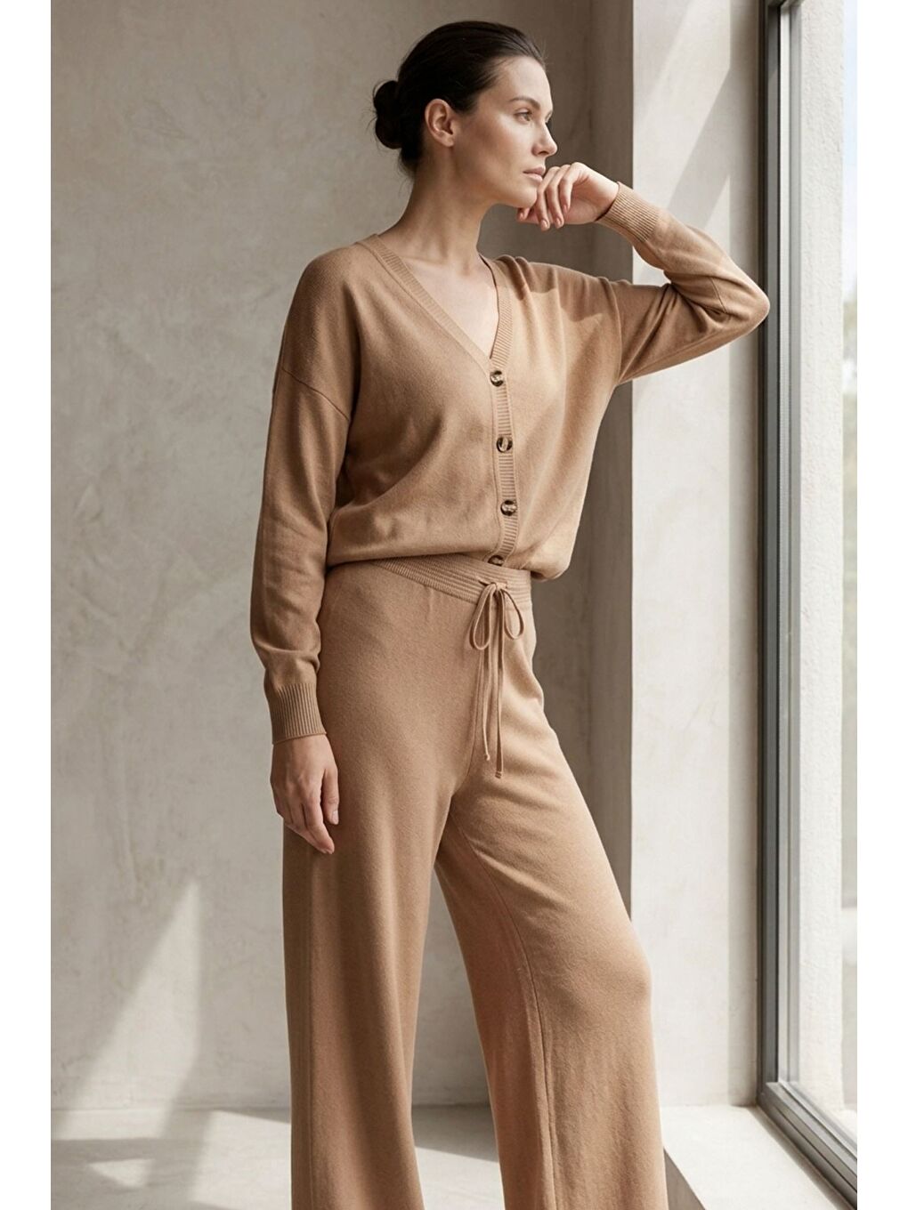 Ekru Kadın Triko Hırka Pantolon İkili Takım-1