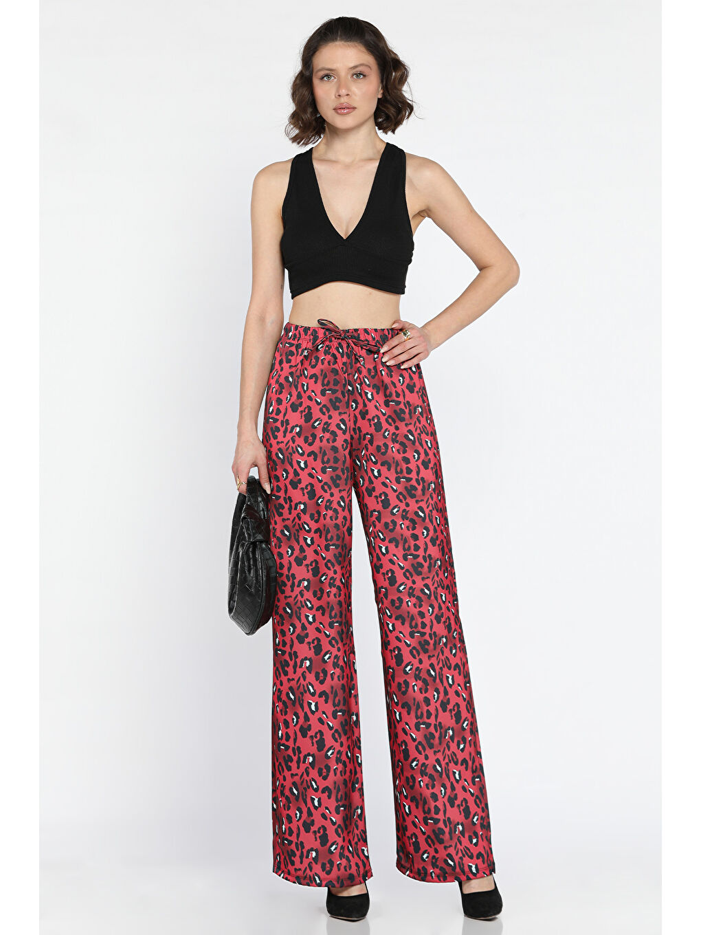Bordo Kadın Bel Lastikli Yüksek Bel Leopar Desenli Bol Kesim Pantolon
