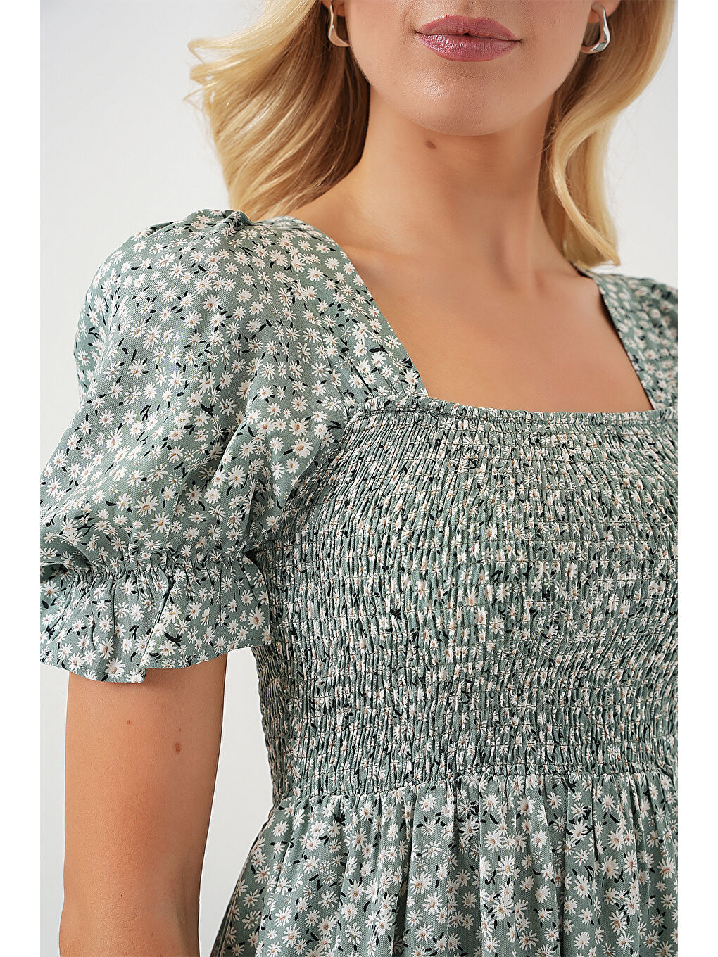 Yeşil Kadın Kısa Kol Çiçekli Elbise 2556 - Mint-4