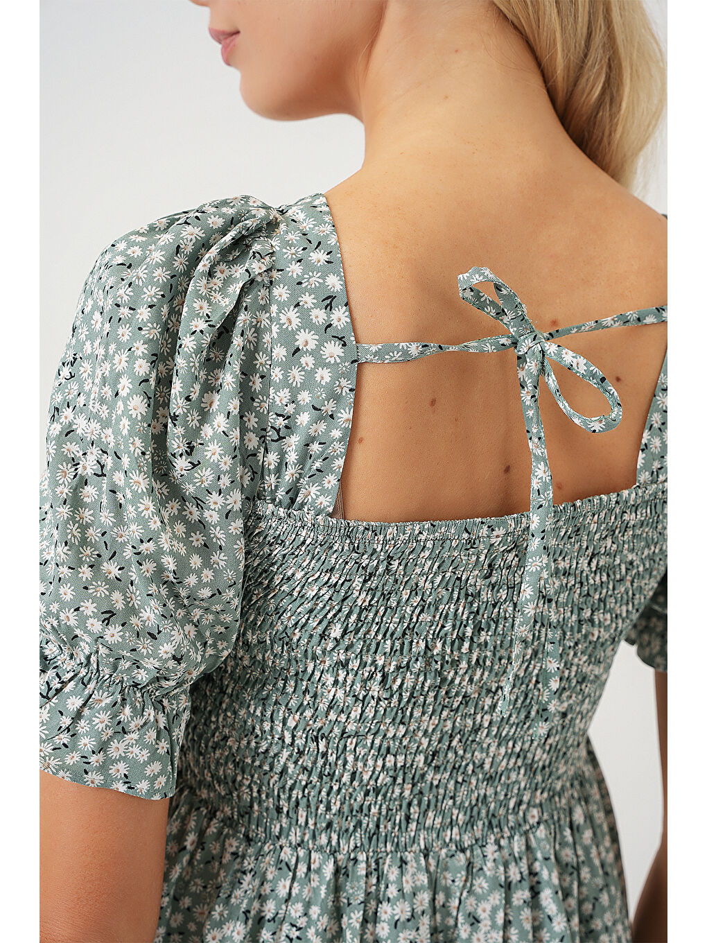 Yeşil Kadın Kısa Kol Çiçekli Elbise 2556 - Mint-5