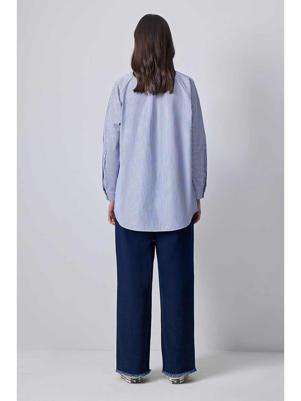 Mavi Fiyonk Yaka Çizgili Poplin Gömlek-3
