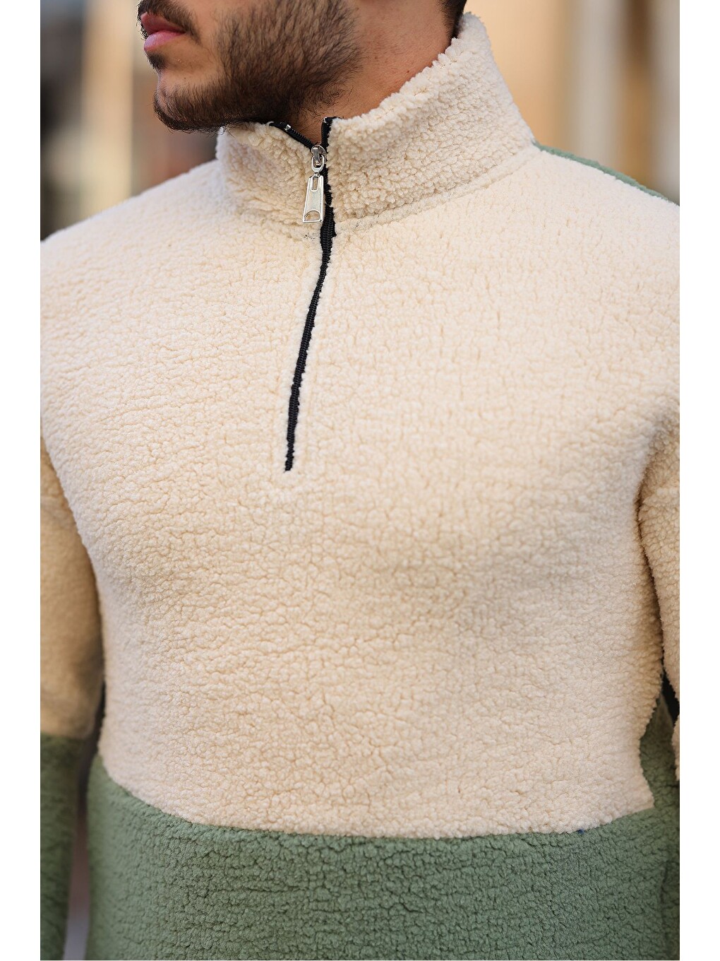 Karışık Yarım Fermuarlı Çift Renk Pelüş Sweatshirt-1