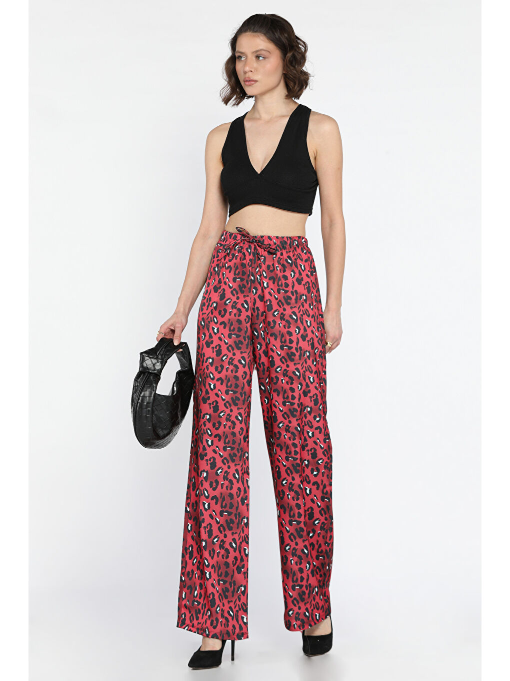 Bordo Kadın Bel Lastikli Yüksek Bel Leopar Desenli Bol Kesim Pantolon-1