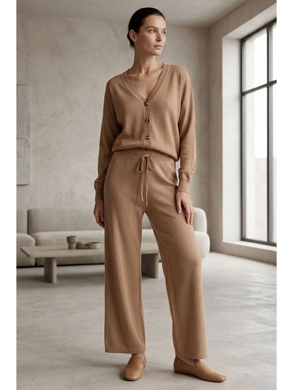 Ekru Kadın Triko Hırka Pantolon İkili Takım-2