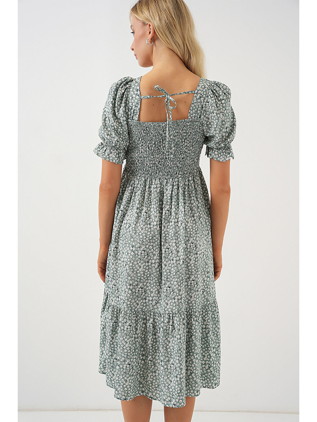 Yeşil Kadın Kısa Kol Çiçekli Elbise 2556 - Mint-6