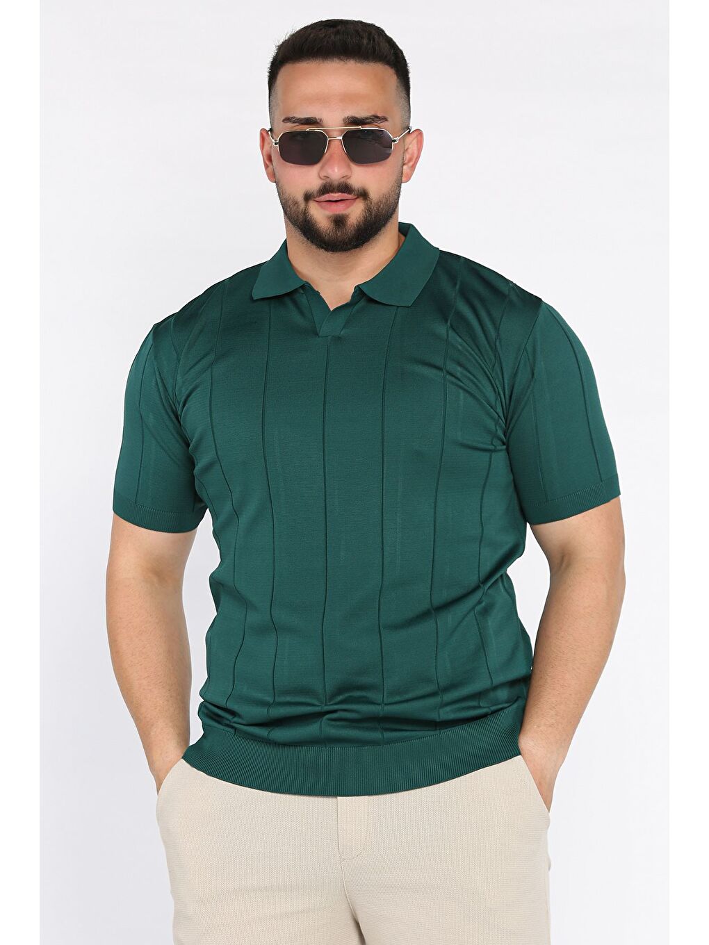 Yeşil Erkek Polo Yaka Kendinden Çizgi Desenli Tişört