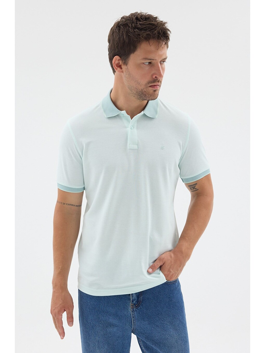 Turkuaz Yeşil Polo Yaka Pike Kısa Kol Slim Fit %100 Pamuk Tişört 1011260171-2