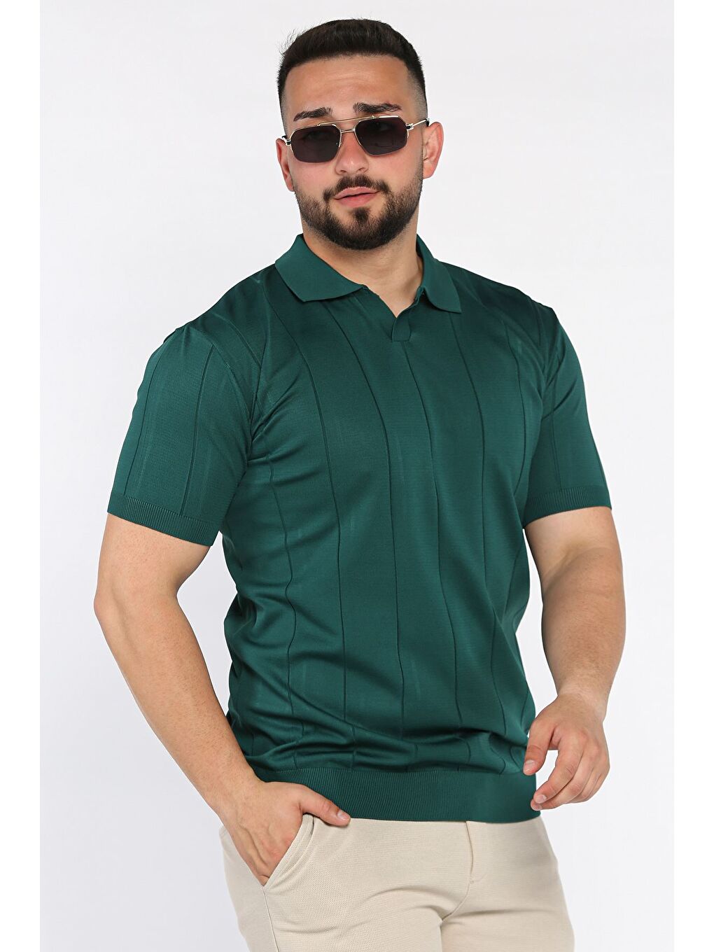 Yeşil Erkek Polo Yaka Kendinden Çizgi Desenli Tişört-1
