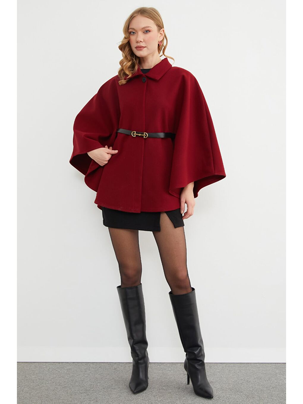 Bordo Kemerli Polo Yaka Kaşe Panço