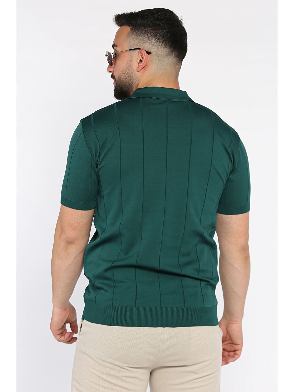 Yeşil Erkek Polo Yaka Kendinden Çizgi Desenli Tişört-2
