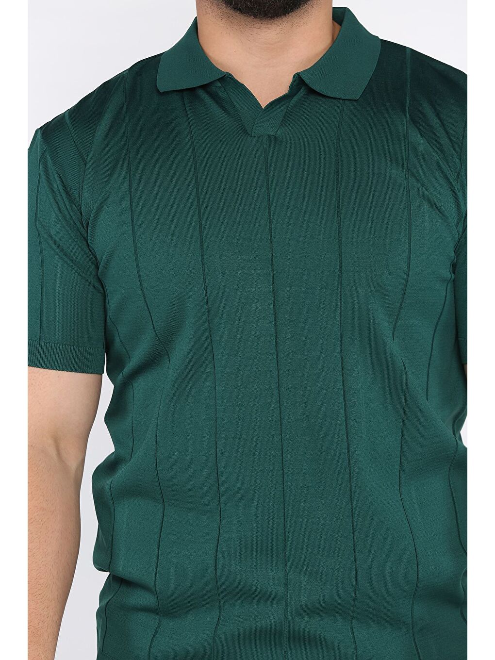 Yeşil Erkek Polo Yaka Kendinden Çizgi Desenli Tişört-3