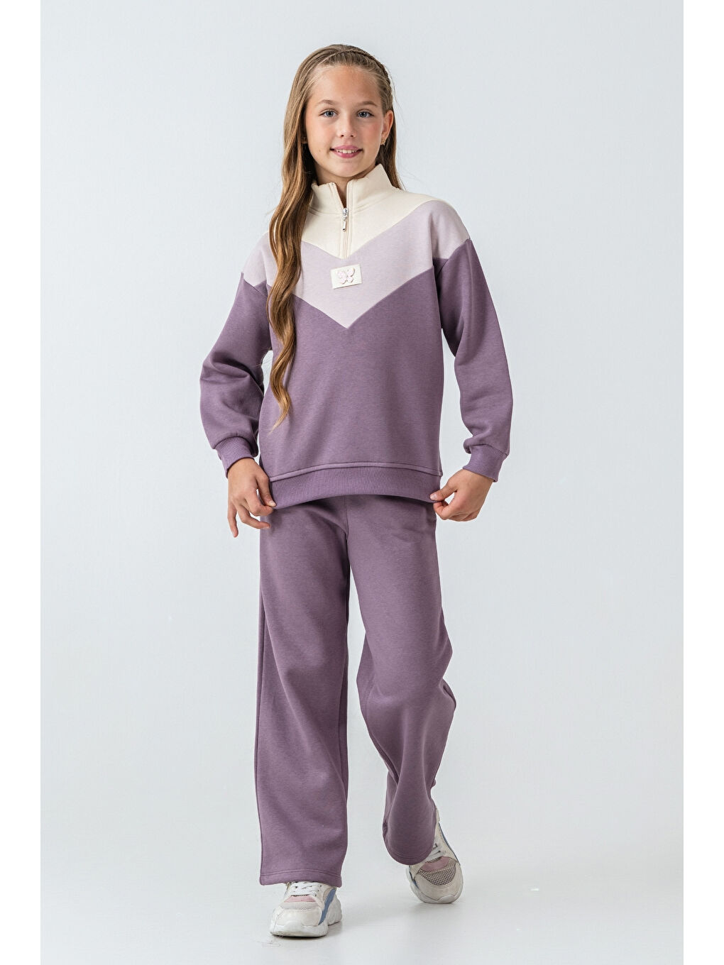 Mor Kız Çocuk Kelebek Detaylı Yarım Fermuarlı 3 İplik Kalın Kışlık Eşofman Takımı Ak4233