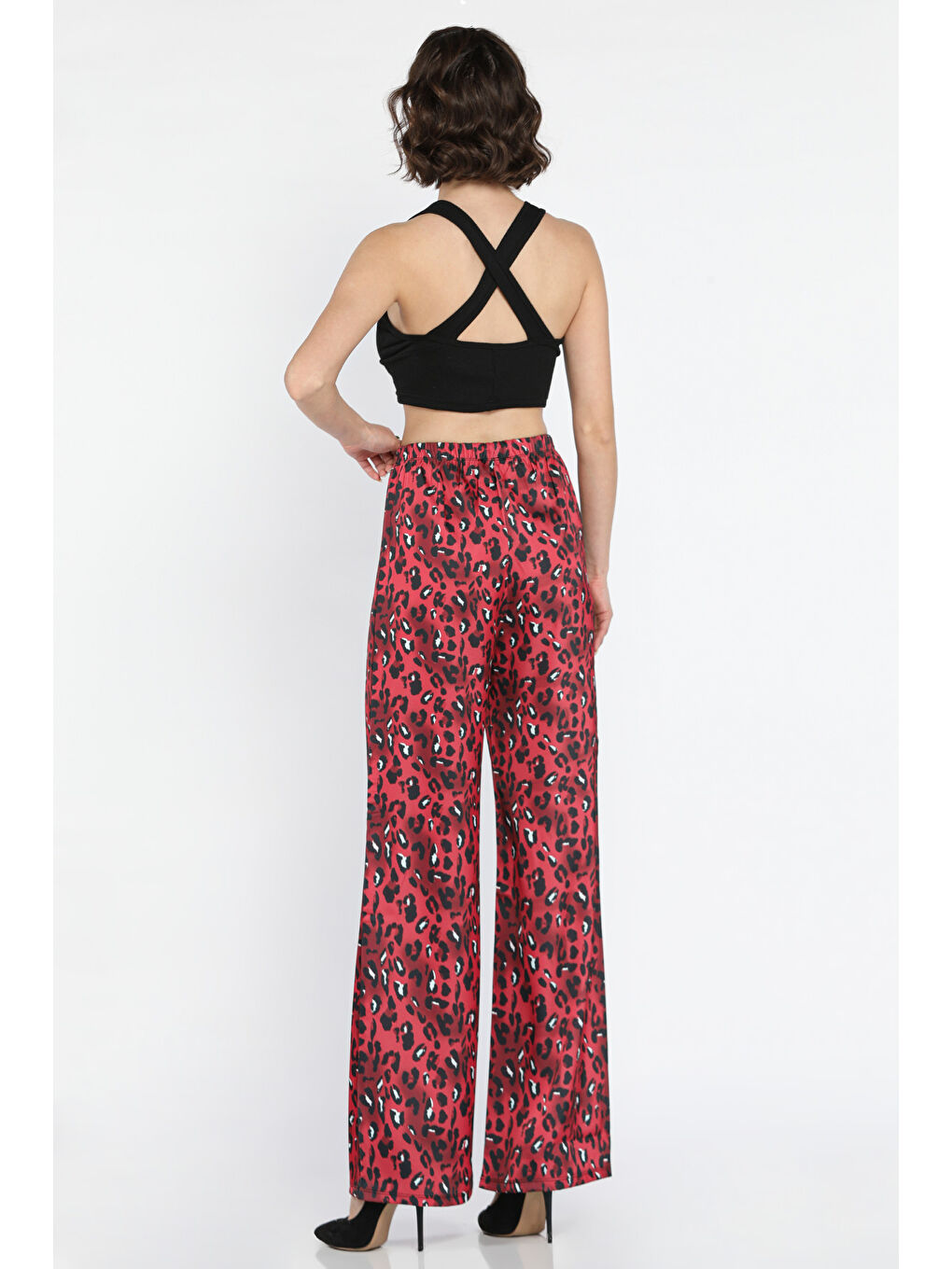 Bordo Kadın Bel Lastikli Yüksek Bel Leopar Desenli Bol Kesim Pantolon-2