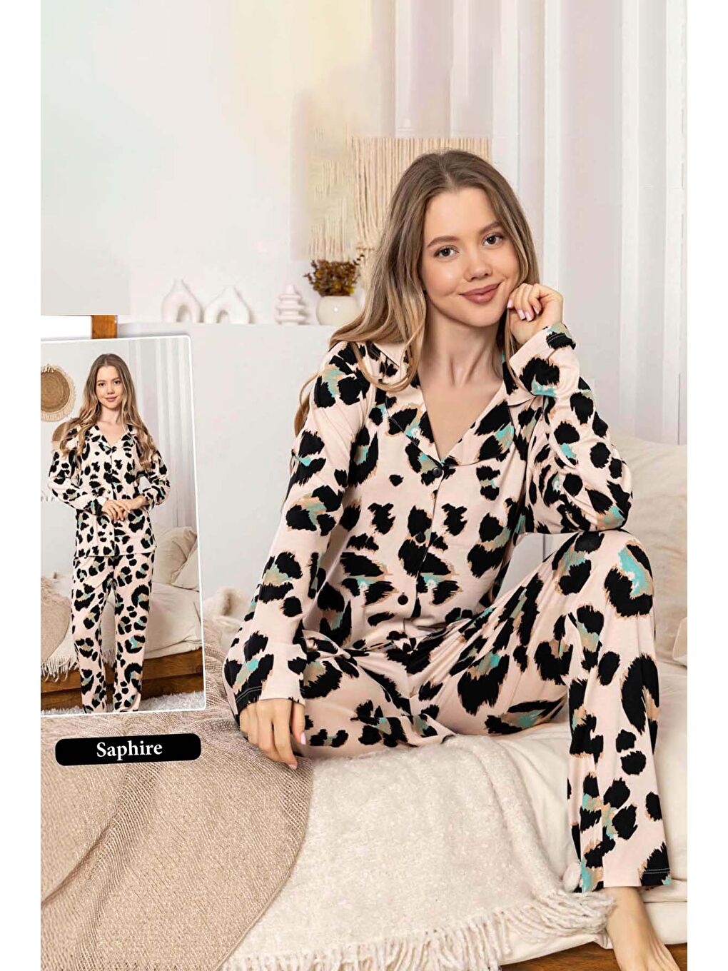 Kadın Leopar Desen Düğmeli Saphire Pijama Takımı 0368 Toz Pembe-1