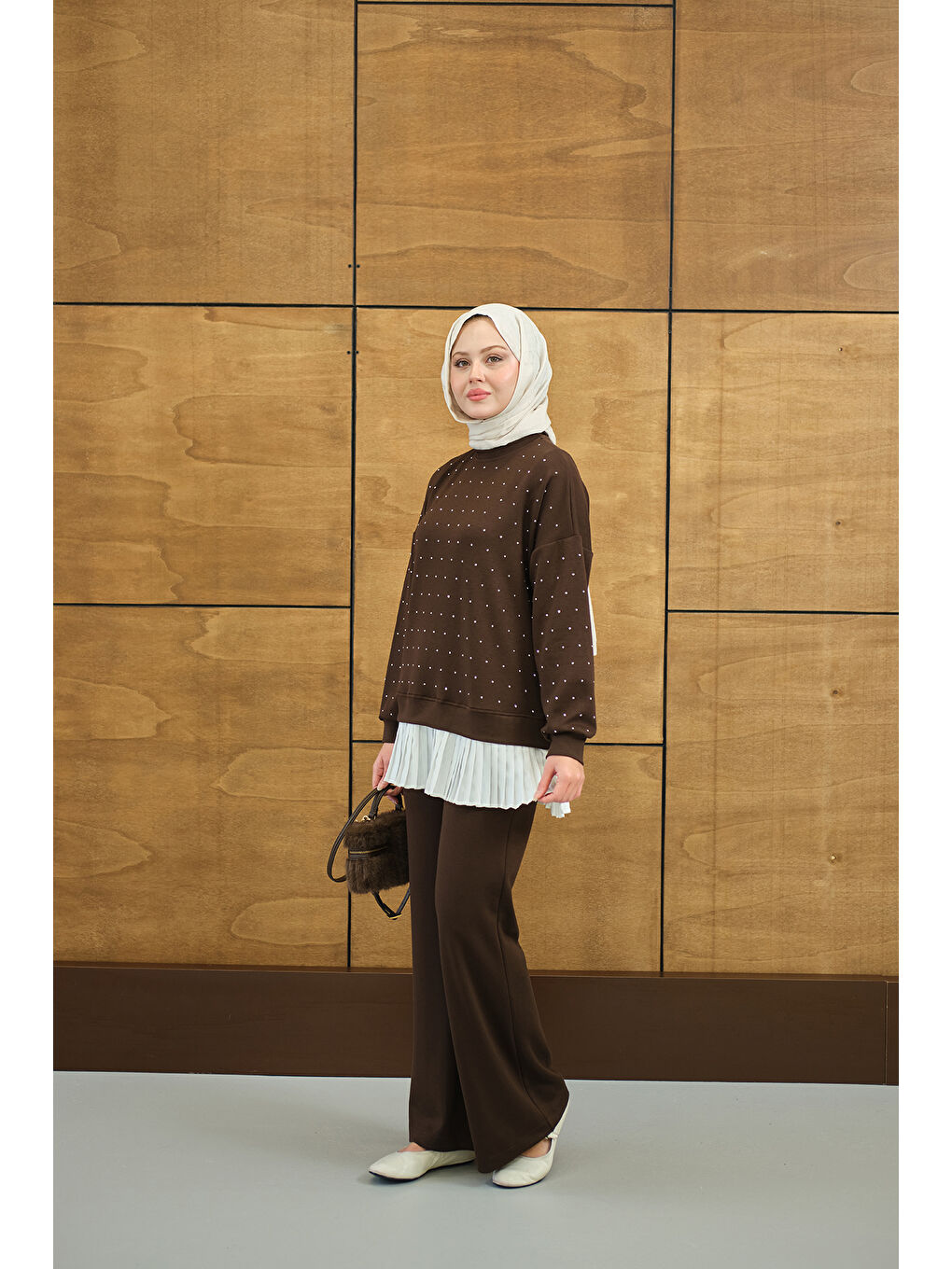 Kadın Beli Pileli Taşlı İkili Takım Kahverengi-2