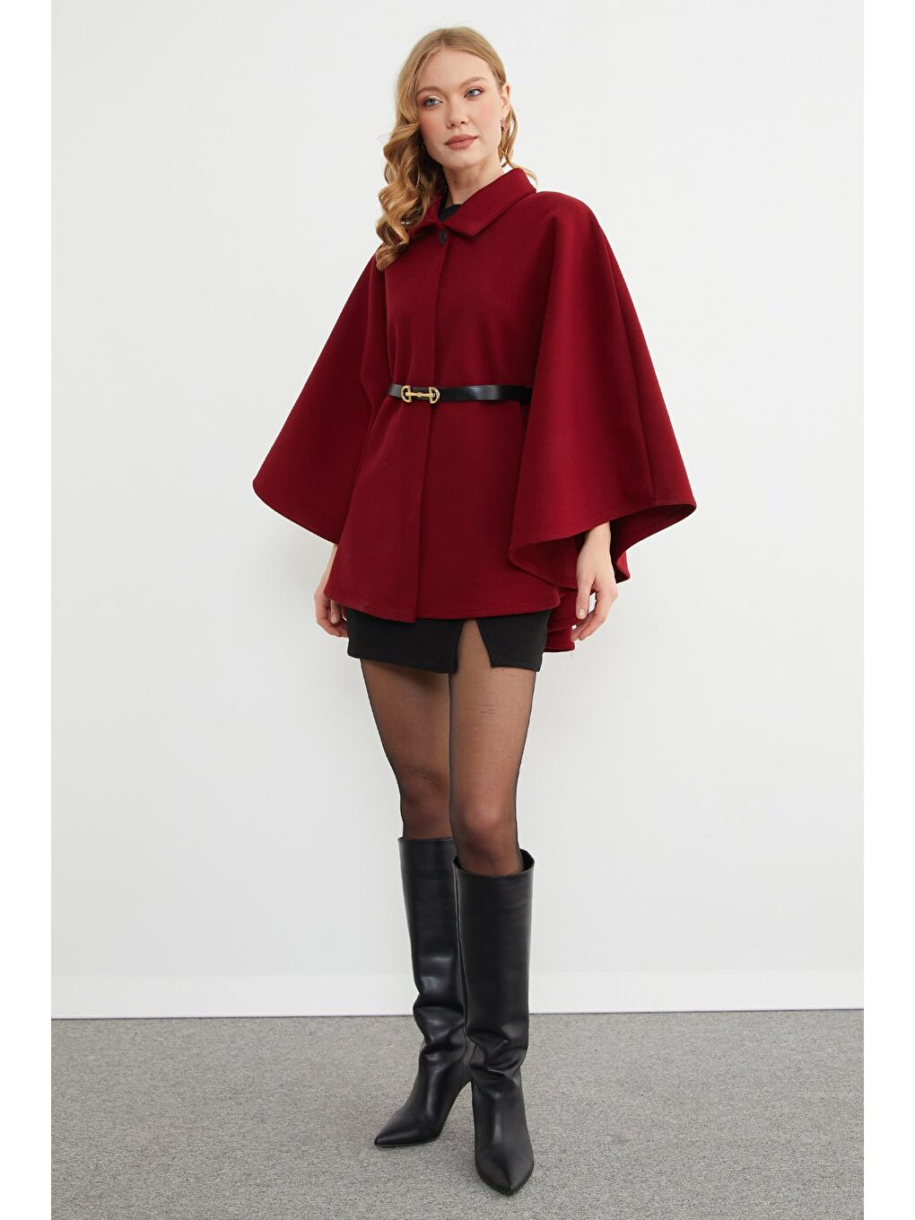 Bordo Kemerli Polo Yaka Kaşe Panço-3