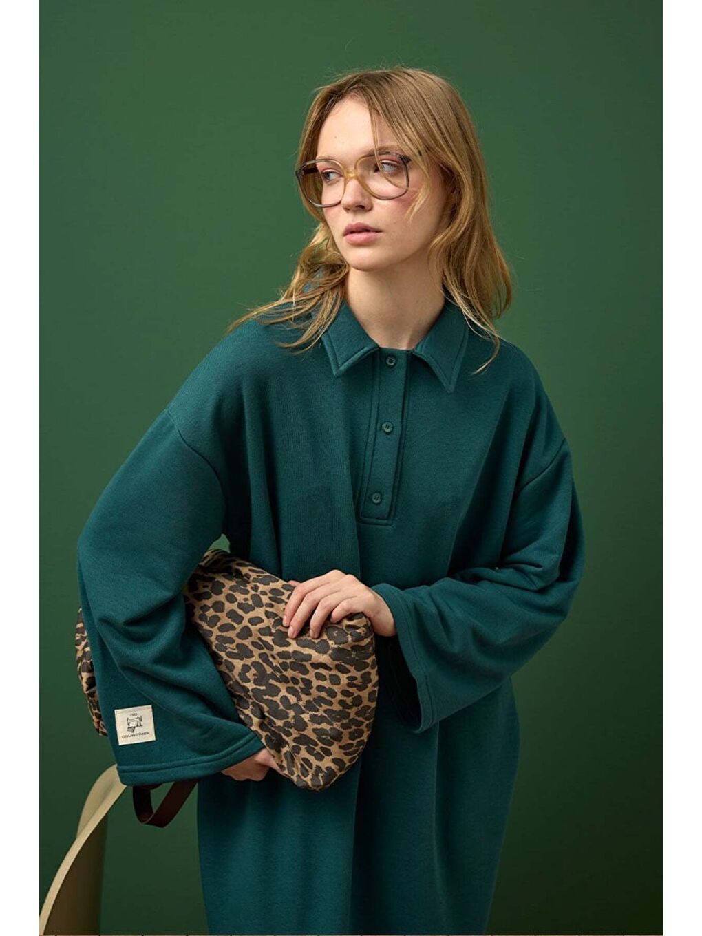 Yeşil Zümrüt 3 İplik Yakalı Elbise-2