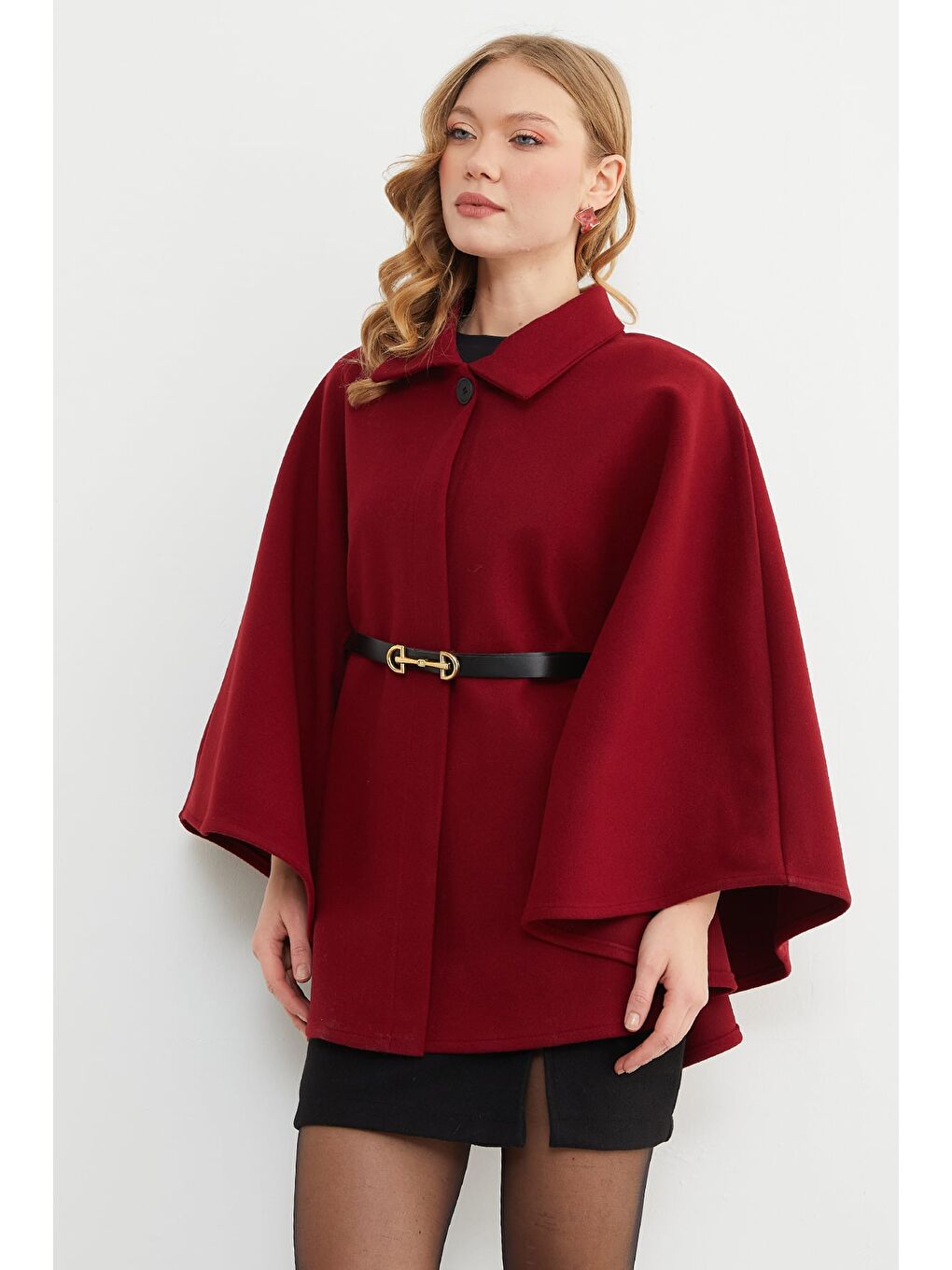 Bordo Kemerli Polo Yaka Kaşe Panço-4