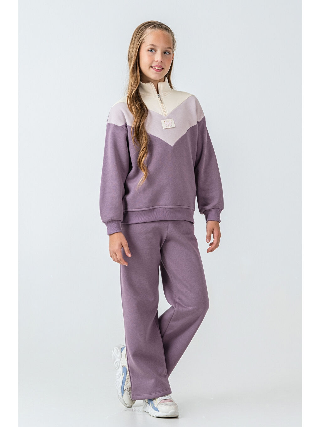 Mor Kız Çocuk Kelebek Detaylı Yarım Fermuarlı 3 İplik Kalın Kışlık Eşofman Takımı Ak4233-1