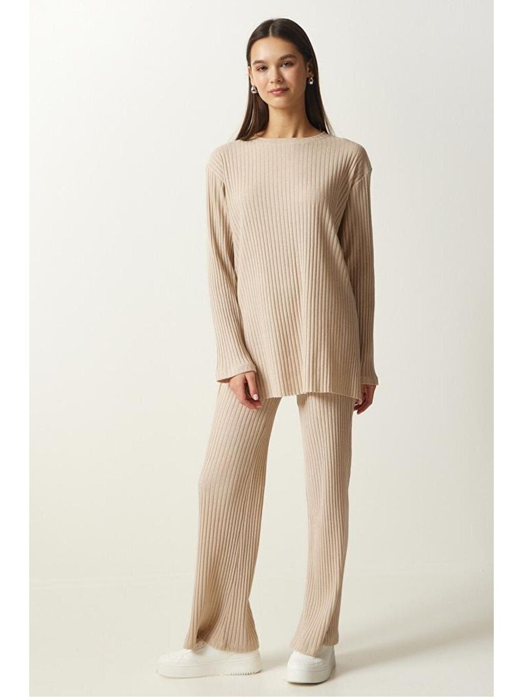 Kadın Bej Fitilli Örme Bluz Pantolon Takım-1