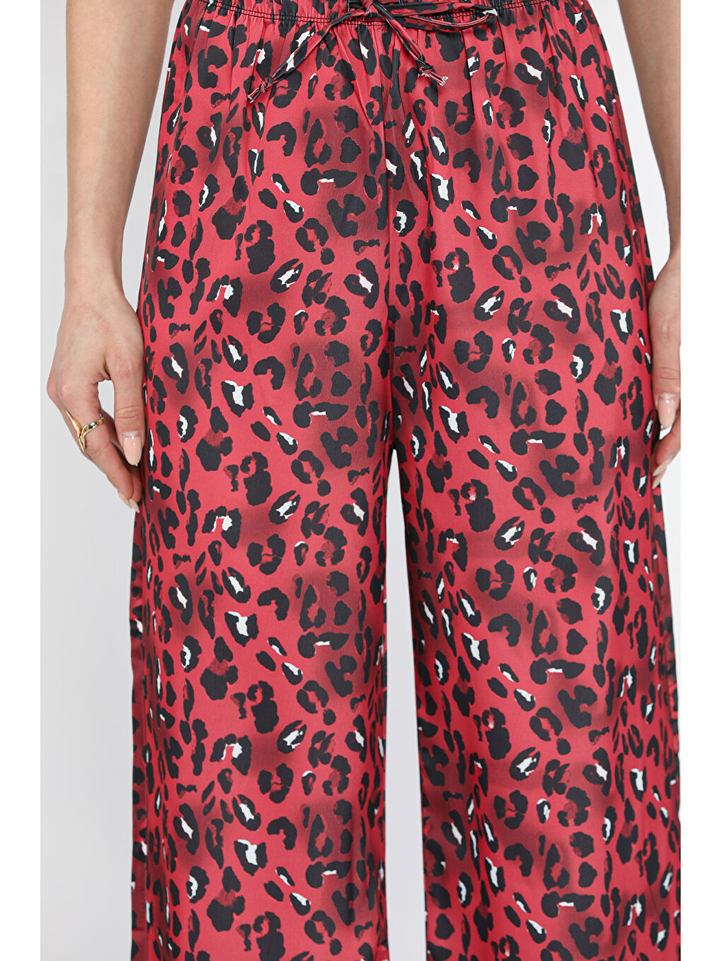 Bordo Kadın Bel Lastikli Yüksek Bel Leopar Desenli Bol Kesim Pantolon-3