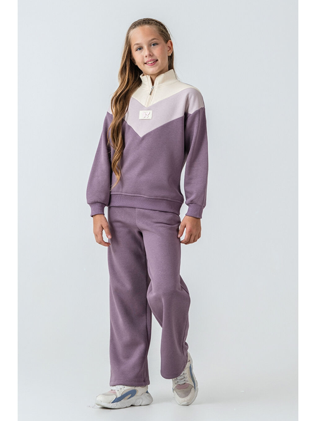 Mor Kız Çocuk Kelebek Detaylı Yarım Fermuarlı 3 İplik Kalın Kışlık Eşofman Takımı Ak4233-2