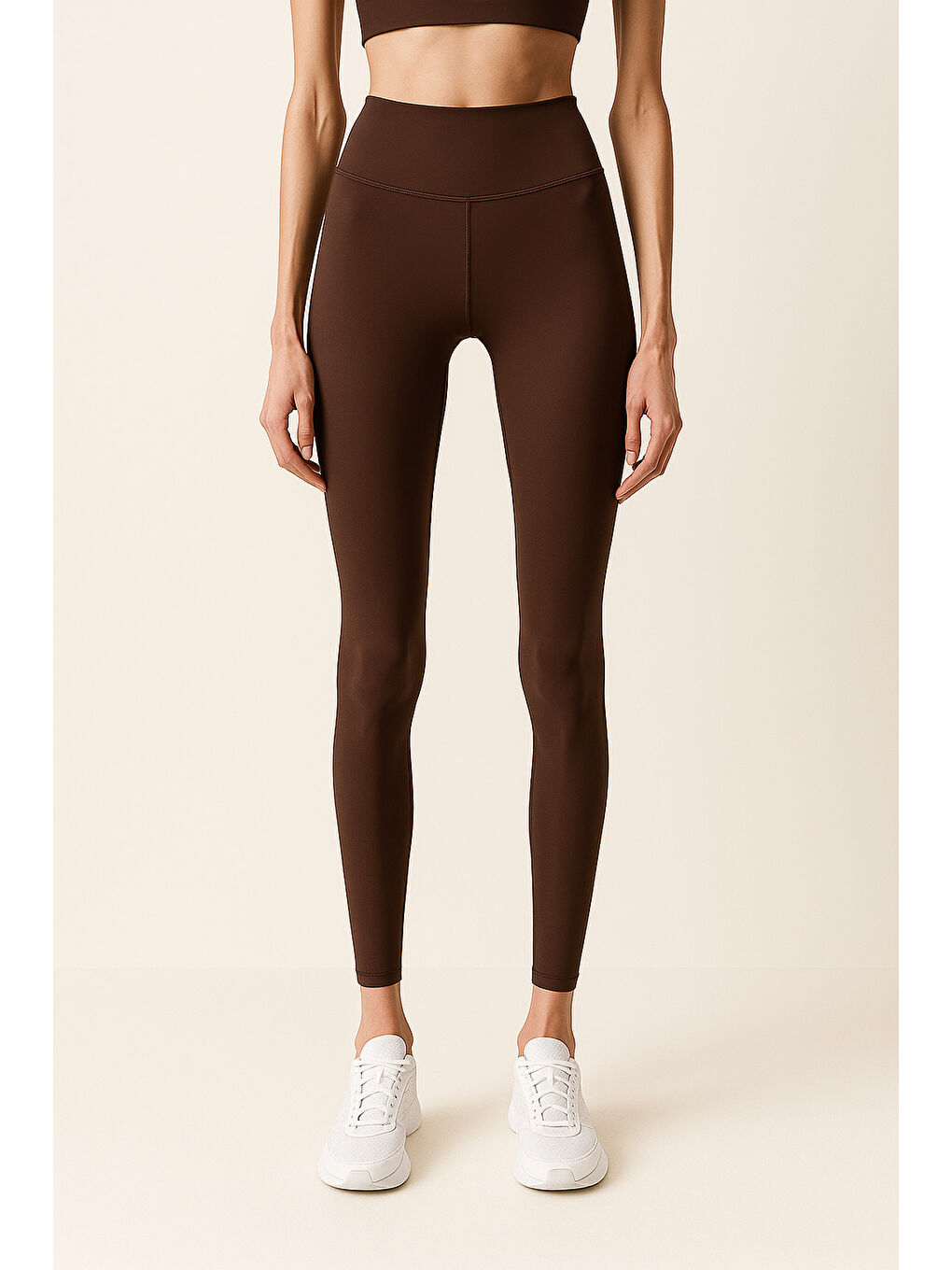Kahverengi Kadın Yüksek Bel Toparlayıcı Tam Boy Spor Tayt