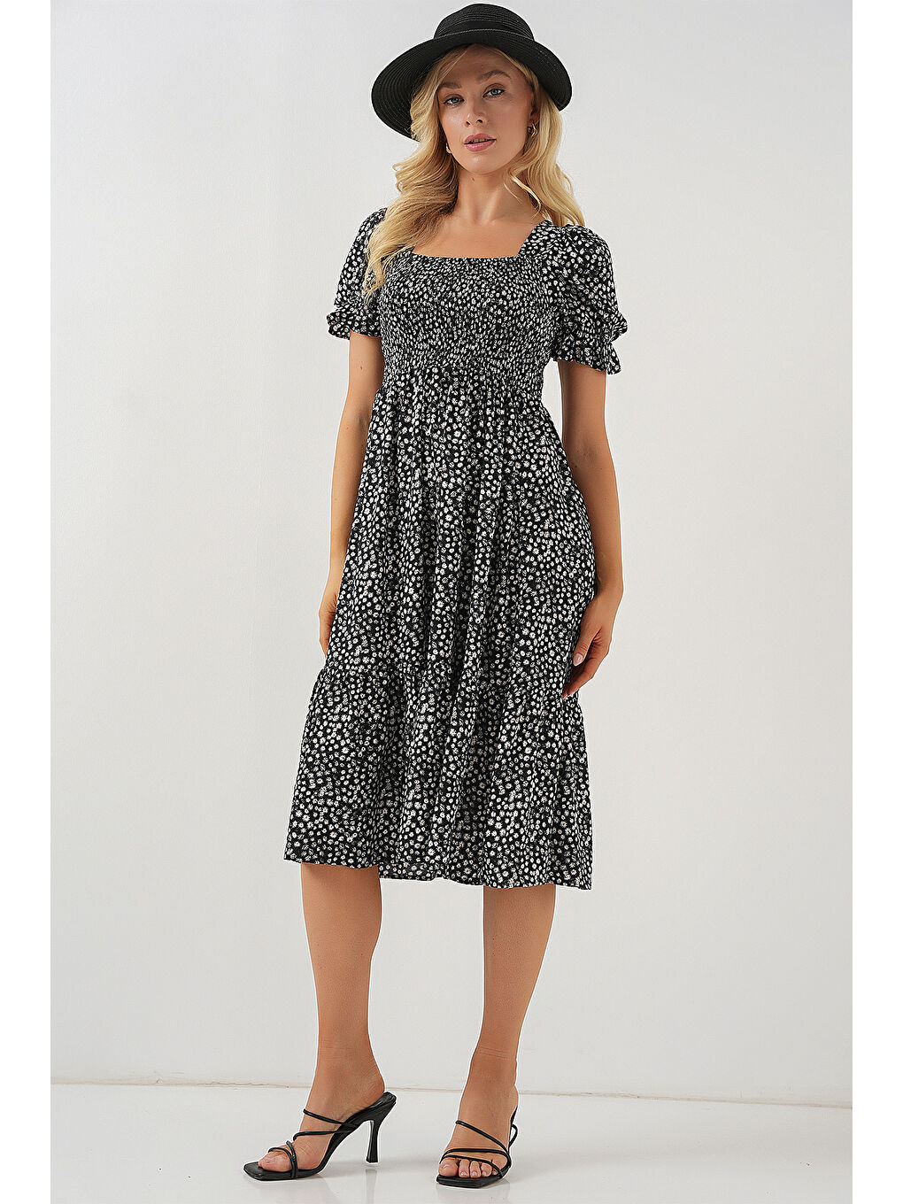 Kadın Kısa Kol Çiçekli Elbise 2556 - Siyah-2