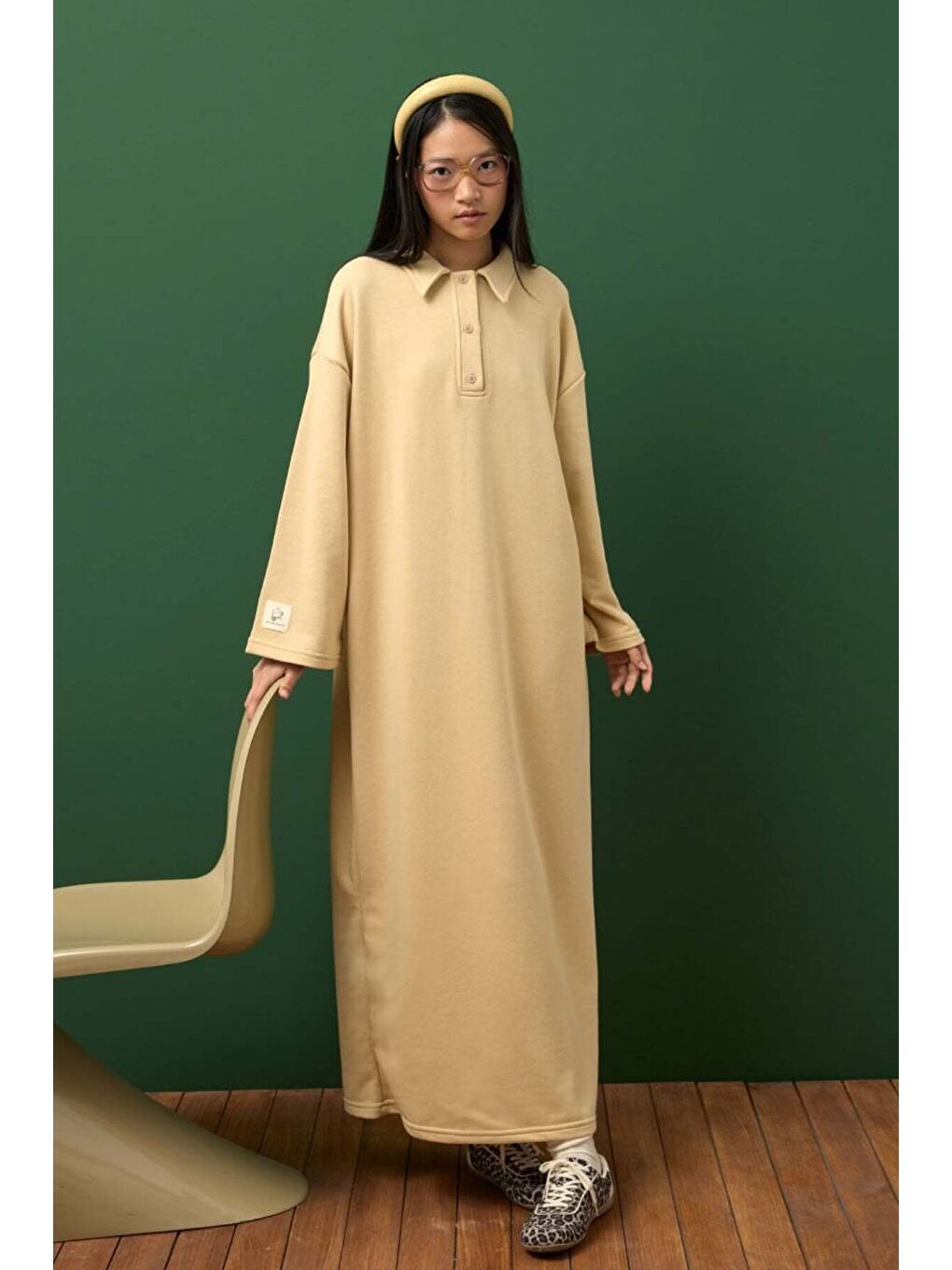 Bej 3 İplik Yakalı Elbise