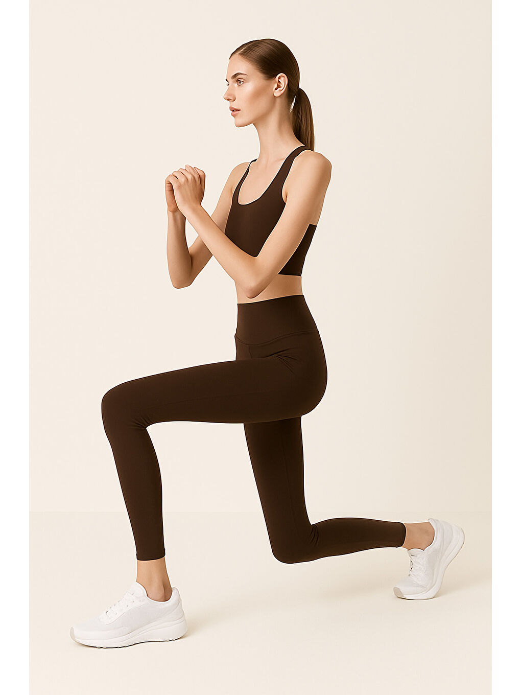 Kahverengi Kadın Yüksek Bel Toparlayıcı Tam Boy Spor Tayt-3