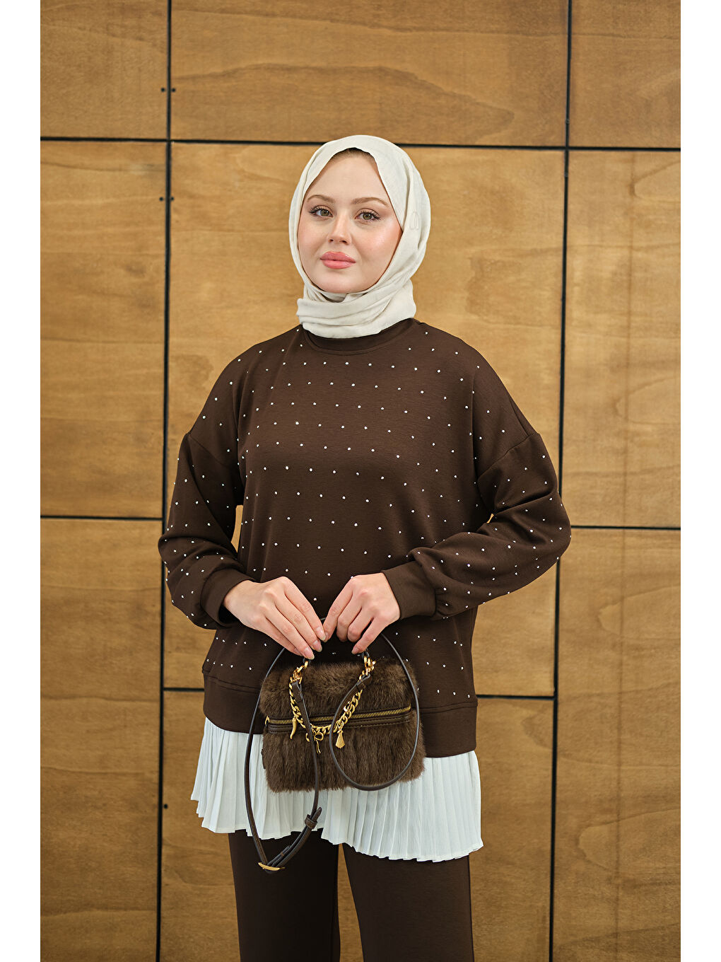 Kadın Beli Pileli Taşlı İkili Takım Kahverengi-3