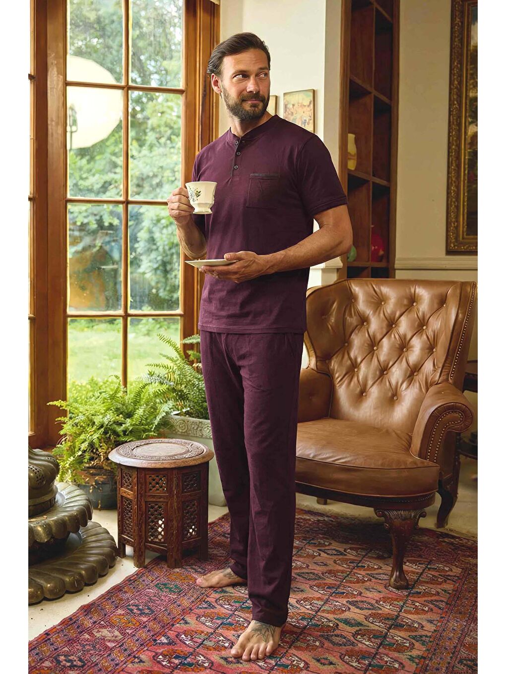 Erkek Kısa Kol Pamuklu Pijama Takımı 260425 Bordo02