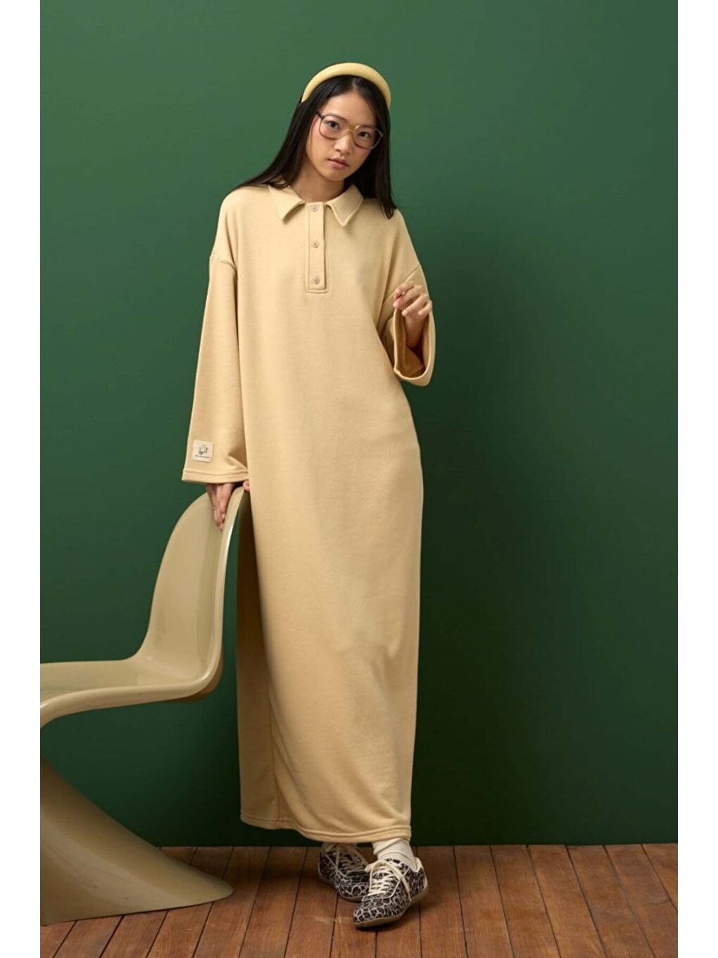 Bej 3 İplik Yakalı Elbise-1