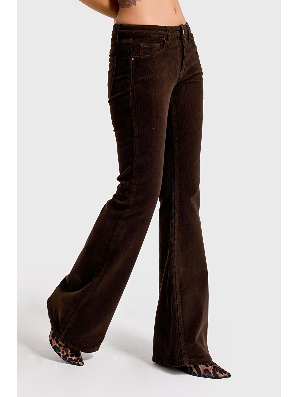 Kahverengi Kadın Acı Kahve 29w5-81 Flare Fit Esnek İnce Fitilli Velvet Kadife Kumaş Pantolon-2