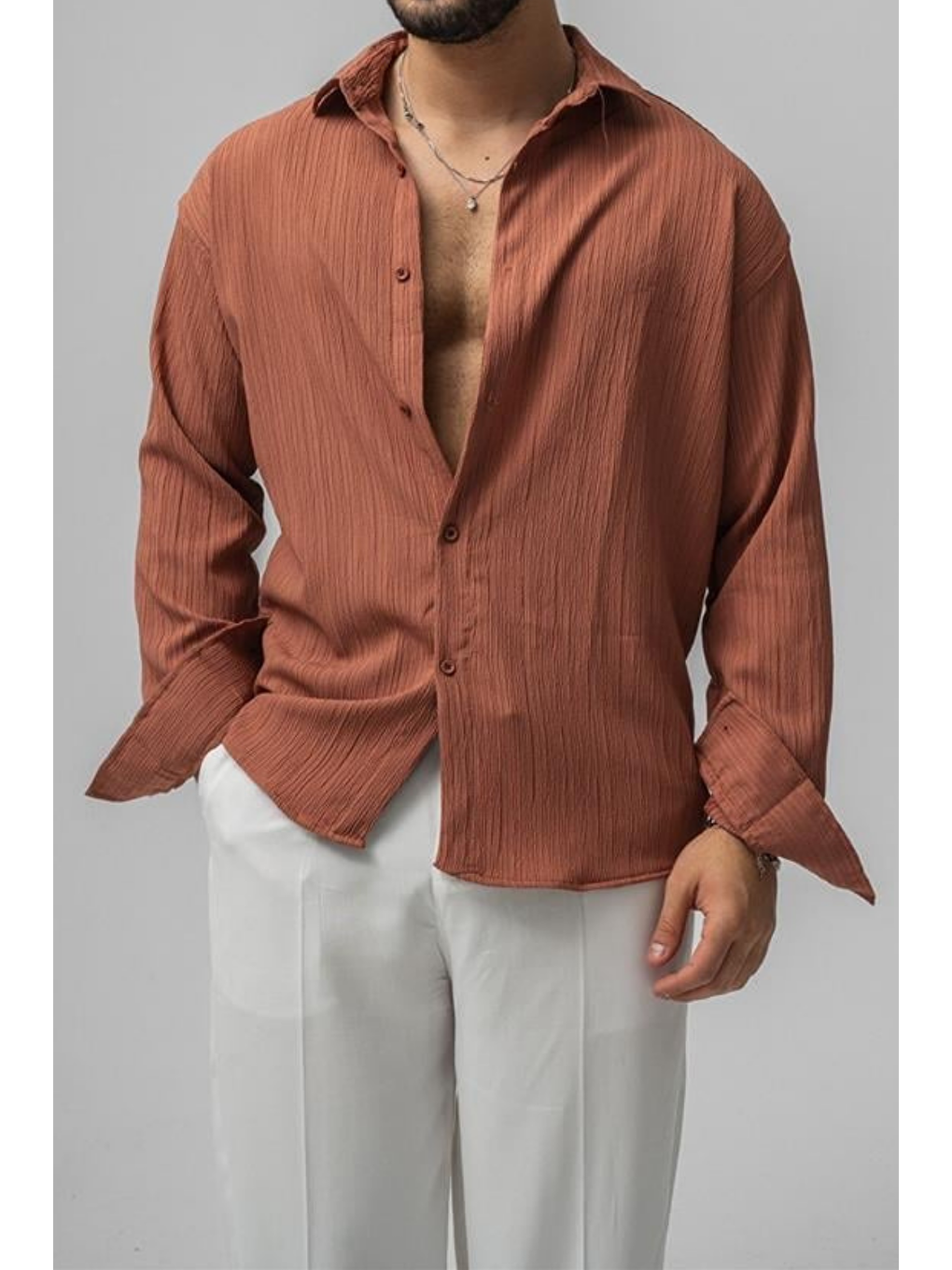 Kahverengi Erkek Kiremit  Oversize Gömlek-1