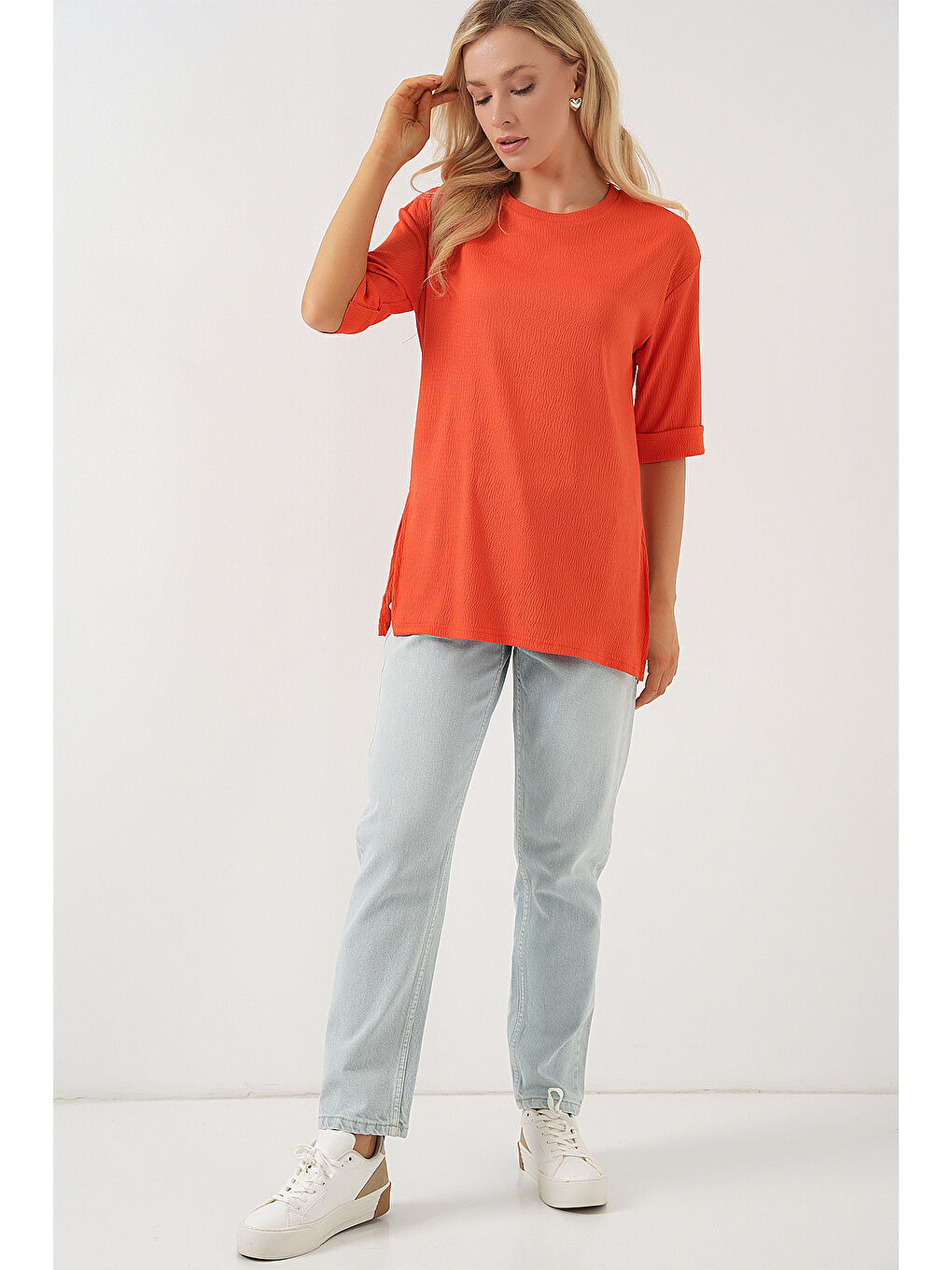 4332 Yanı Yırtmaçlı Örme Tişört - Turuncu-1