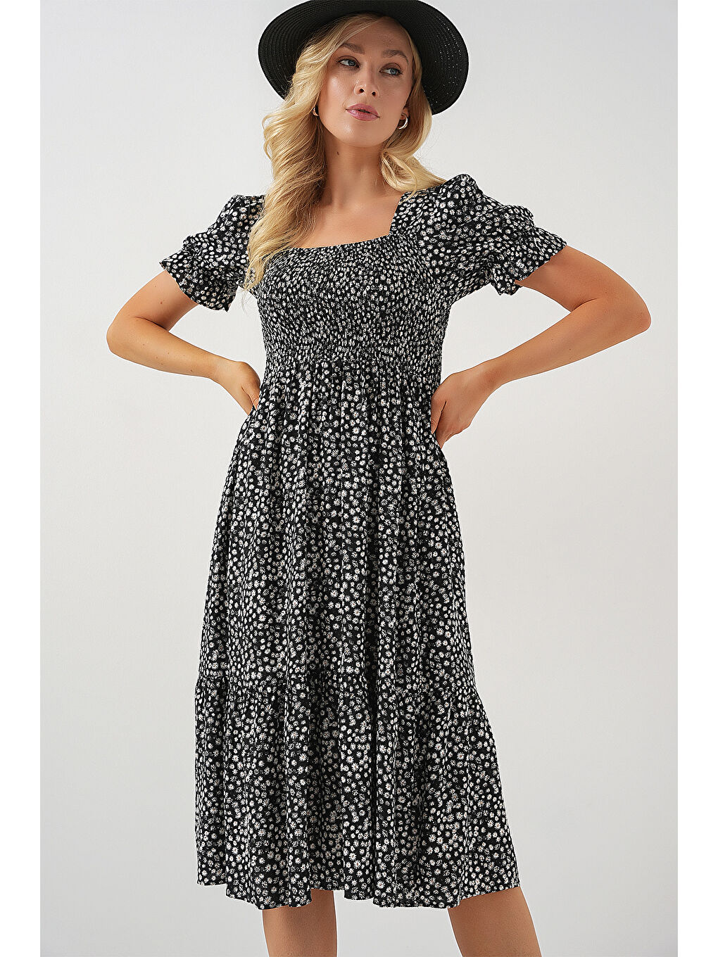 Kadın Kısa Kol Çiçekli Elbise 2556 - Siyah-4